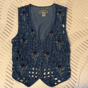 Embroidered Denim Vest with Floral Accents